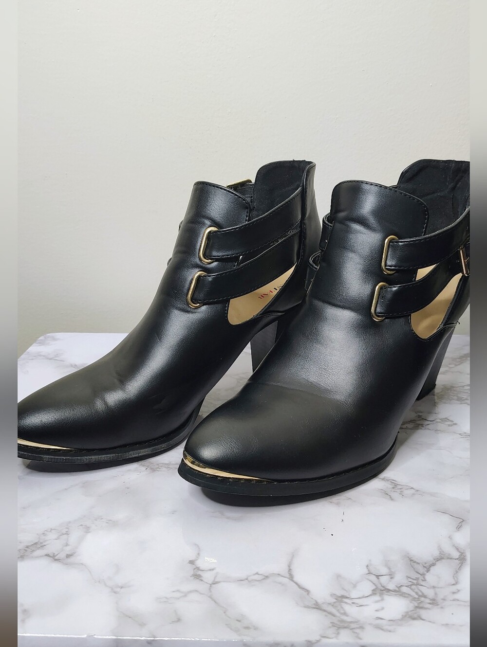 JustFab Black Cutout Ankle Booties Gold Buckles Block Heel
